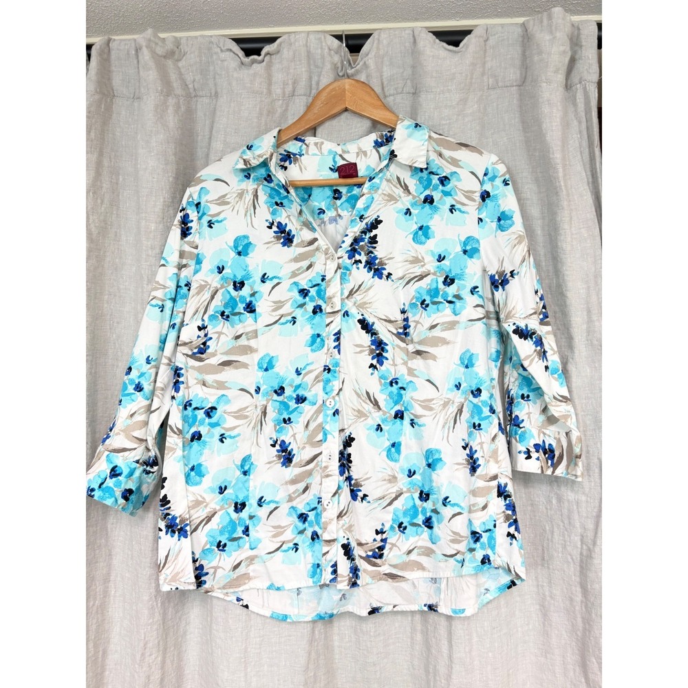 212‎ NY Womens Blue White Floral Button Down Shirt 3/4 Sleeve Stretch Top Size L